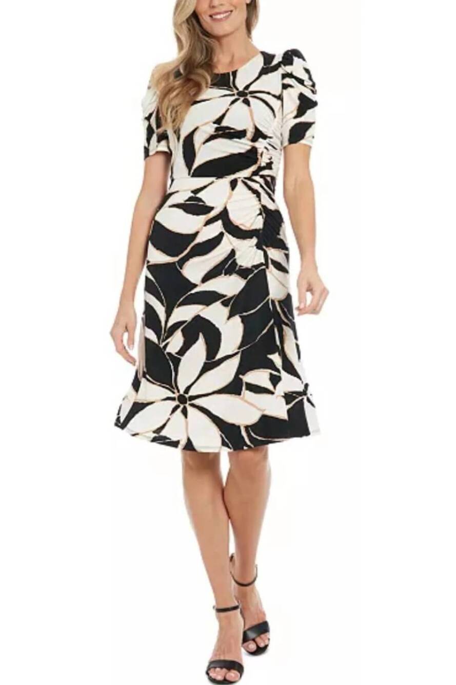 NEW LONDON TIMES floral print fit & flare dress in black tan